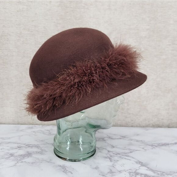 Arlington Hat Co Wool Chocolate Brown With feather band Bucket Hat Church Felt - Picture 1 of 16